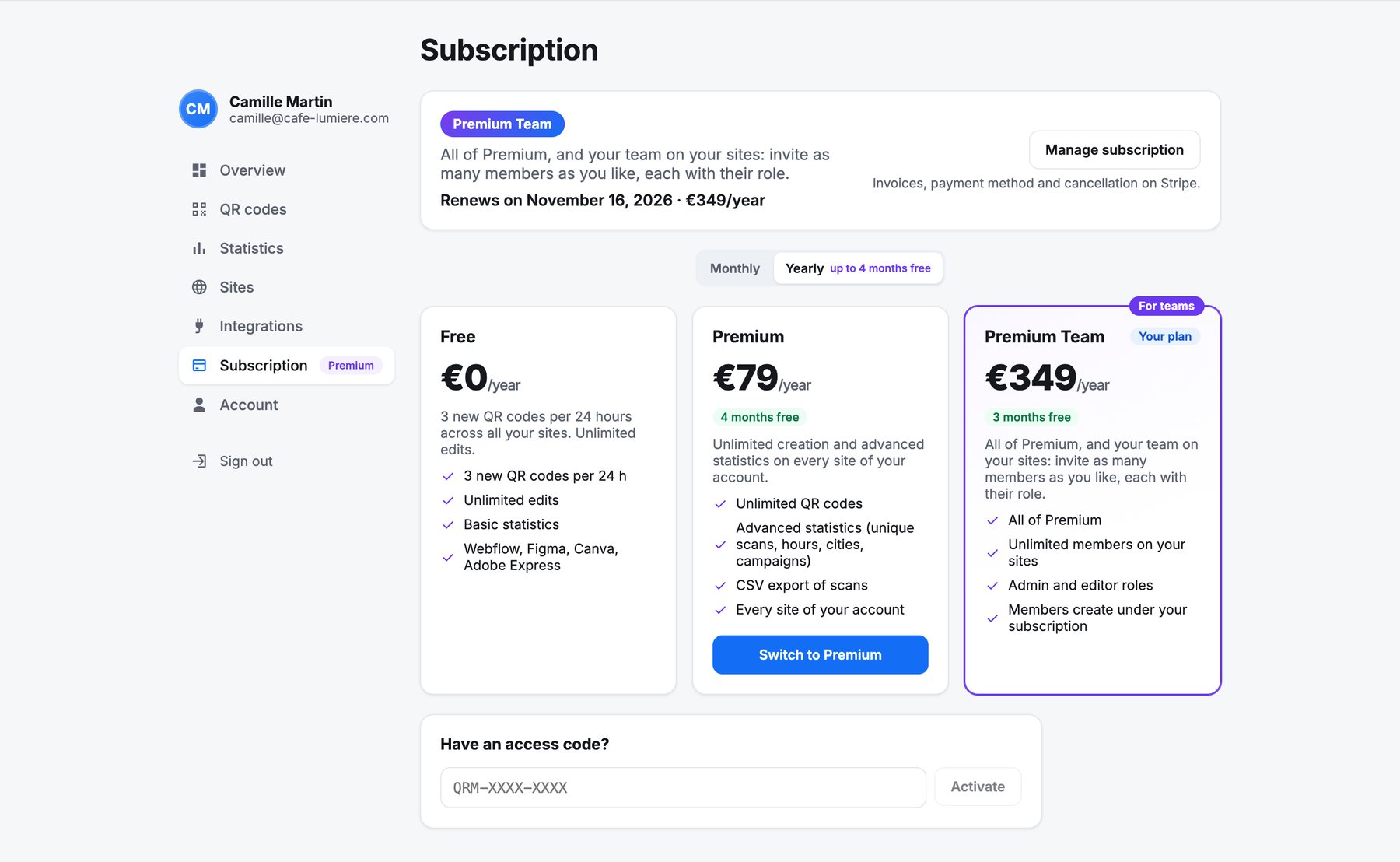 The Subscription section: current plan, monthly or yearly prices of Free, Premium and Premium Team, and the access code field.