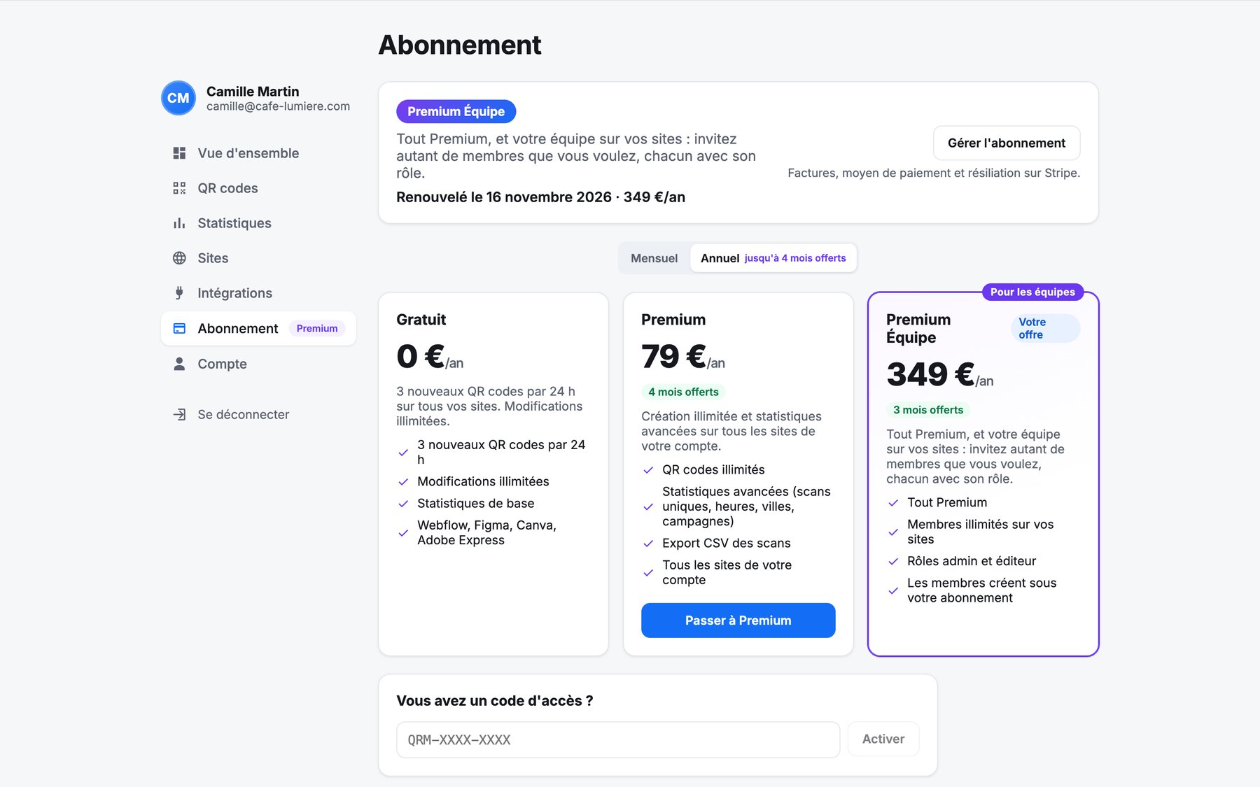 La section Abonnement : offre actuelle, prix mensuels ou annuels de Gratuit, Premium et Premium Team, et le champ du code d'accès.