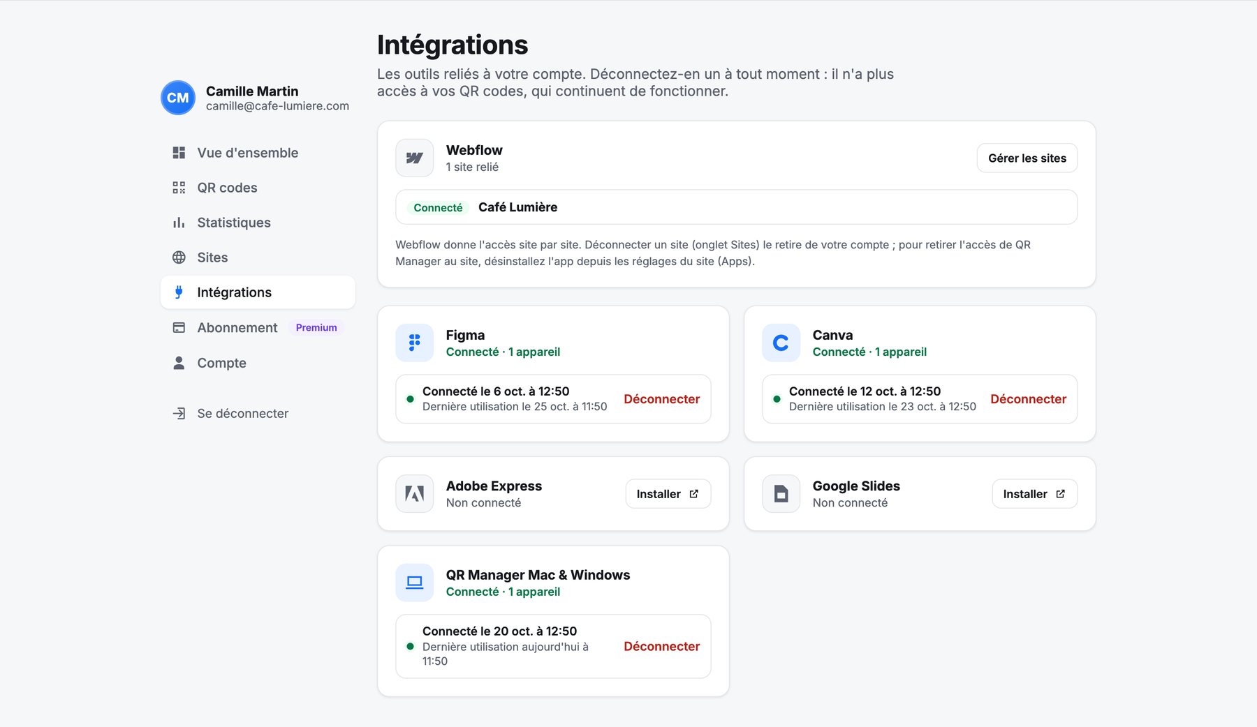 La section Intégrations : les sites Webflow et les outils connectés, chacun avec un lien Déconnecter.