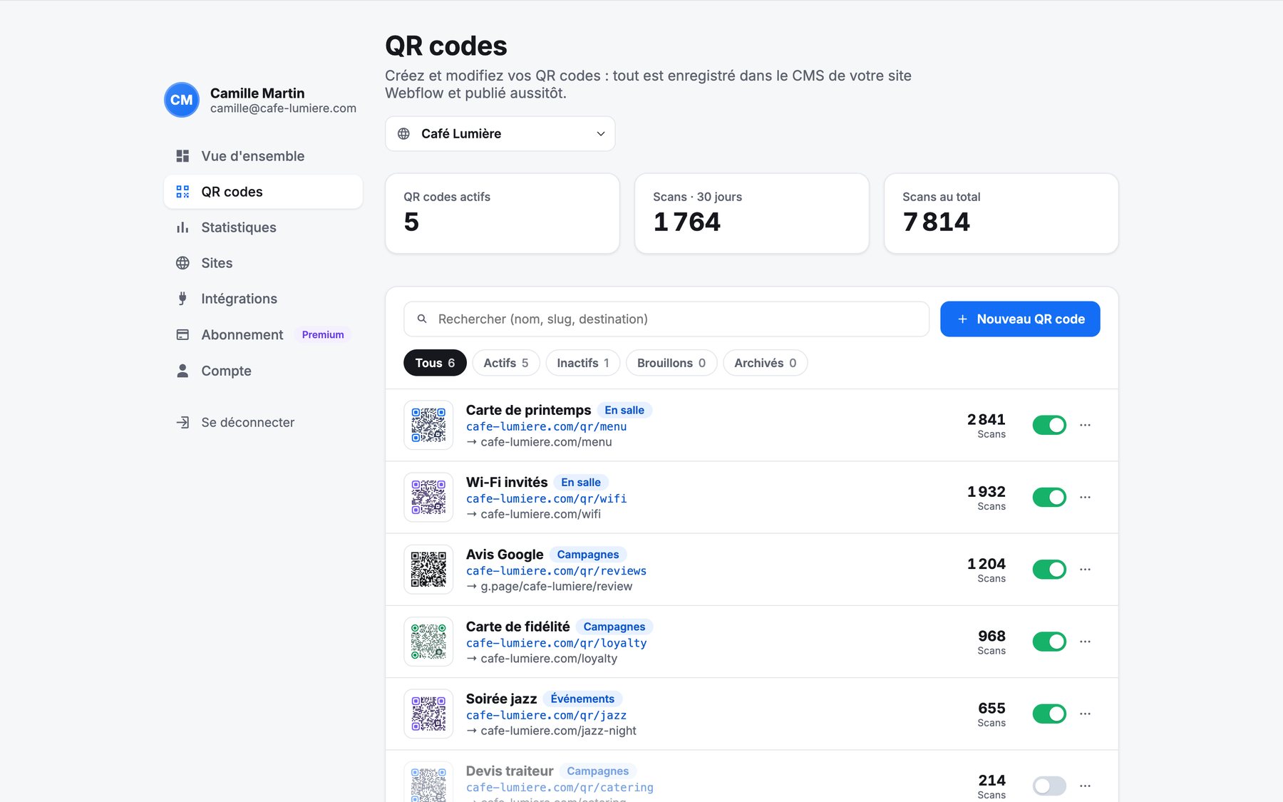 La liste des QR codes avec la recherche, les filtres d'état, les catégories, le nombre de scans et les interrupteurs.