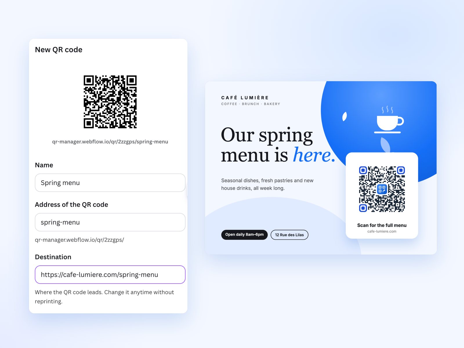 The New QR code form in Canva with its preview.