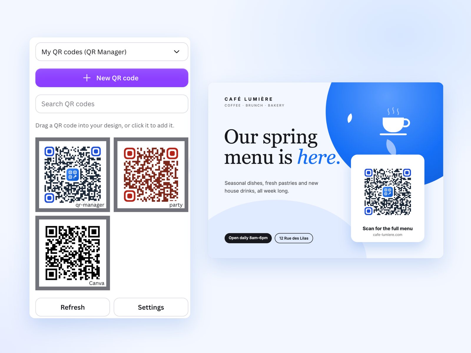 The QR Manager app in Canva next to a café flyer with a QR code.