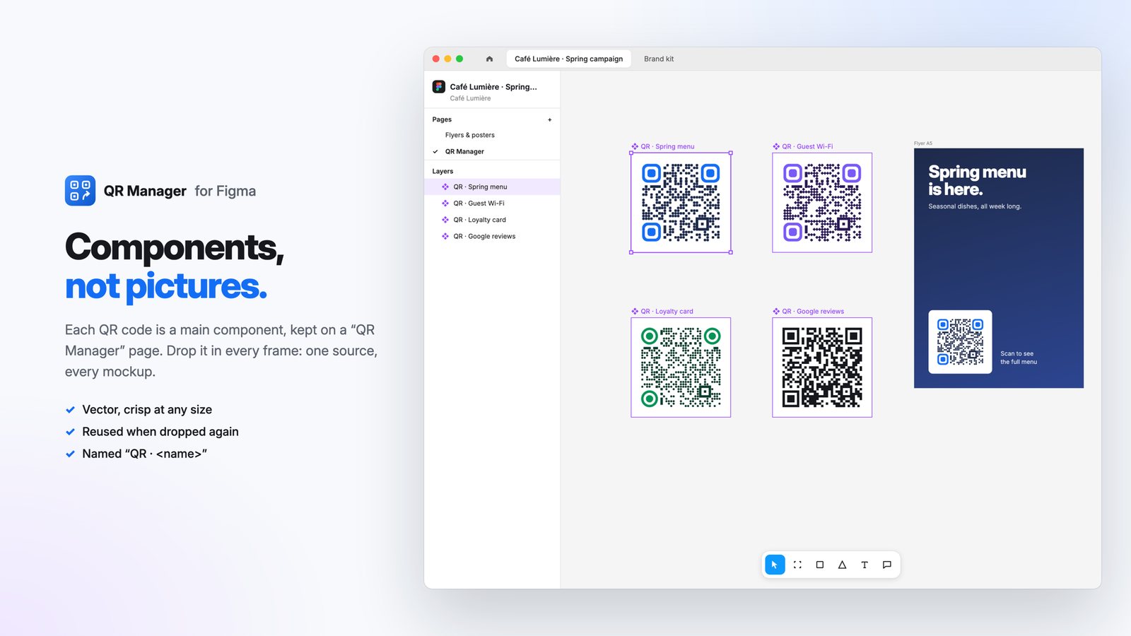 La page QR Manager d'un fichier Figma avec un composant principal par QR code.