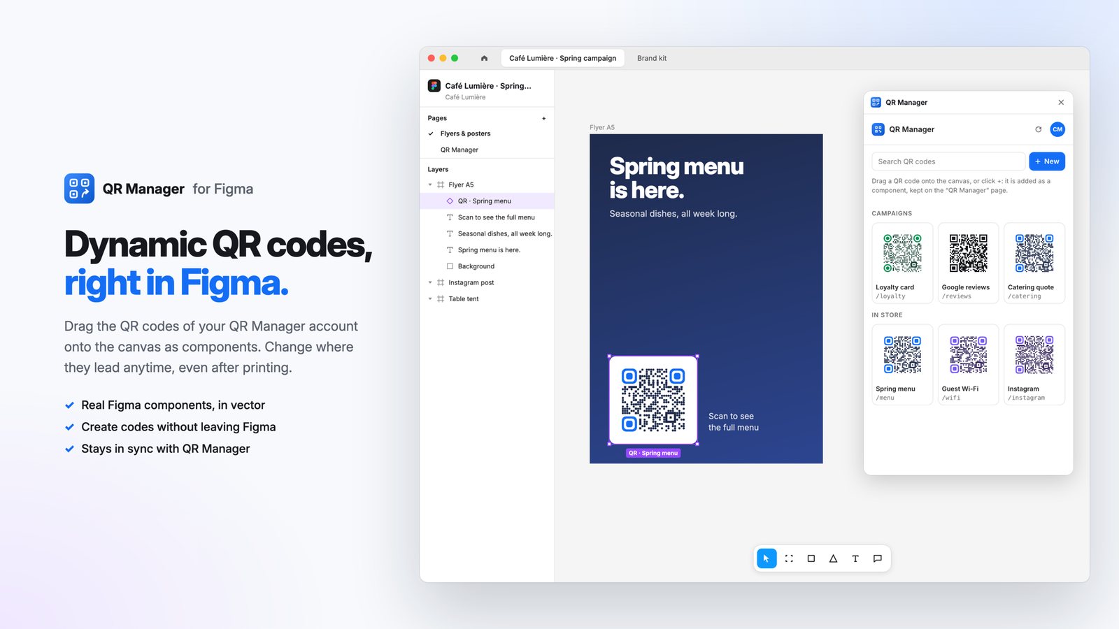 QR Manager dans Figma : la liste des QR codes du plugin à côté d'un flyer avec un composant QR code.