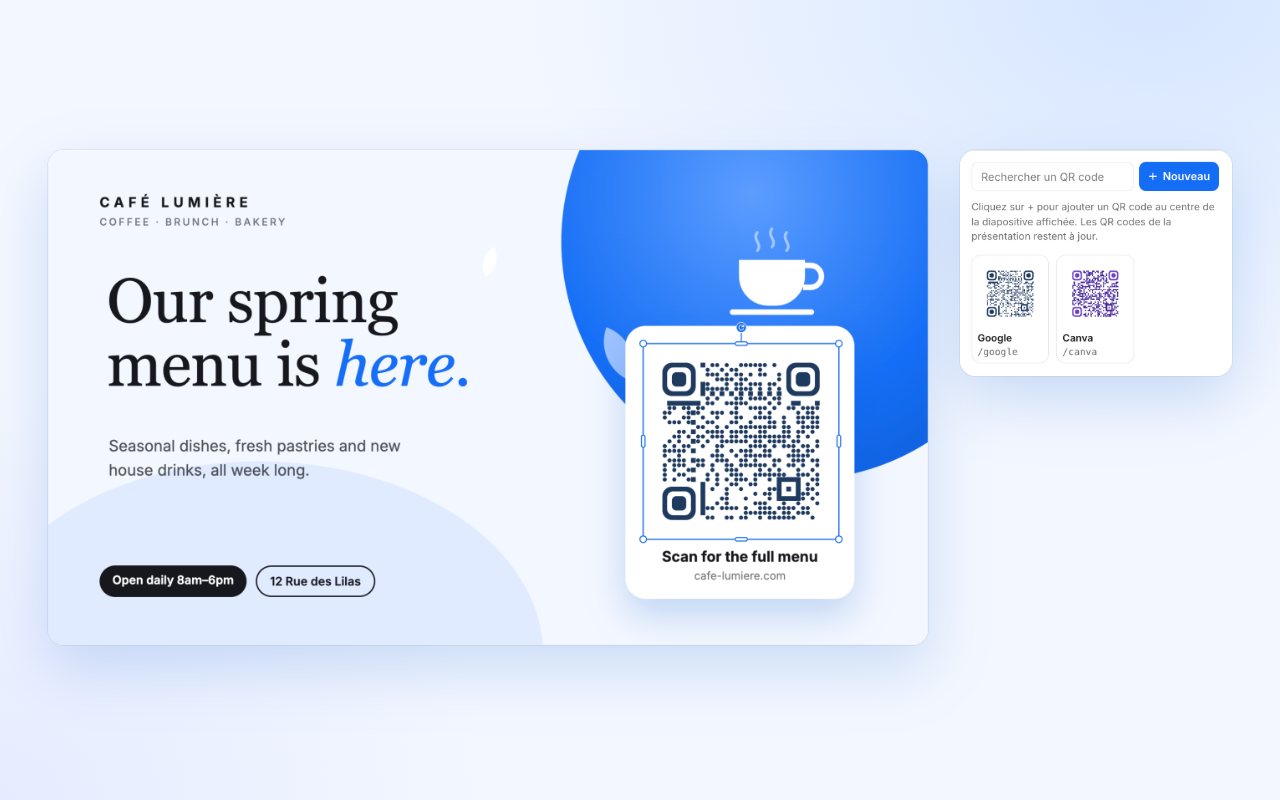 A Google Slides presentation with a QR code inserted, and the QR Manager sidebar.