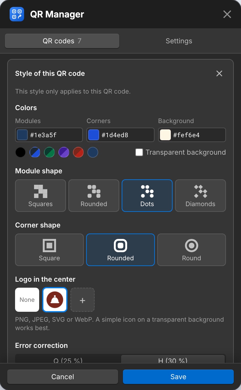 The style editor: colors, module and corner shapes, logo.