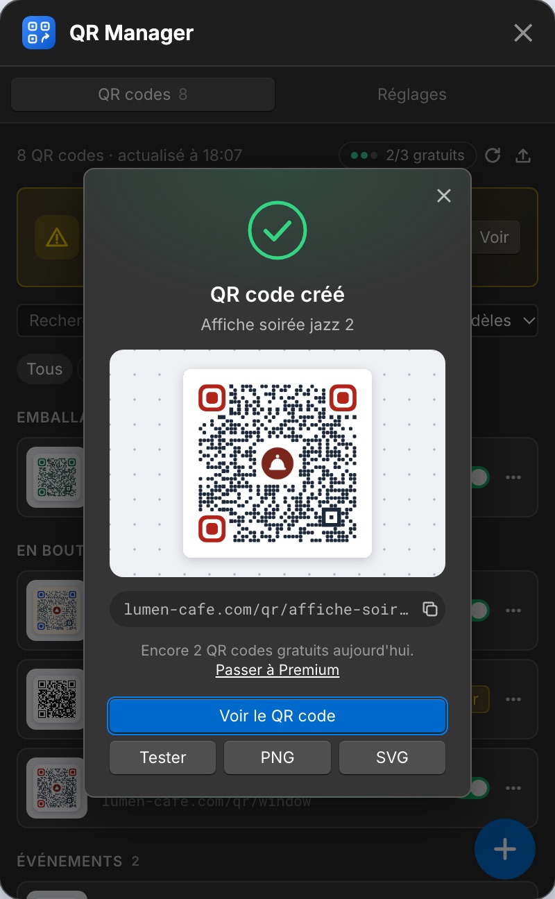 La fenêtre affichée après la création d'un QR code.