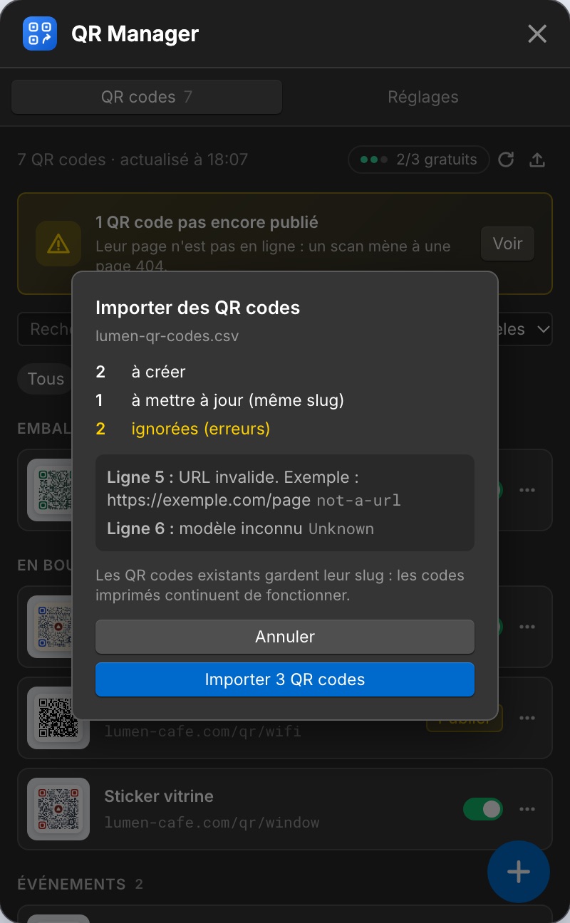 Le récapitulatif de l'import CSV.