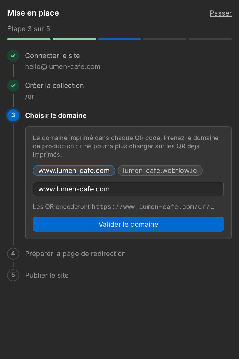 L'assistant de mise en place : site connecté, collection créée, choix du domaine.